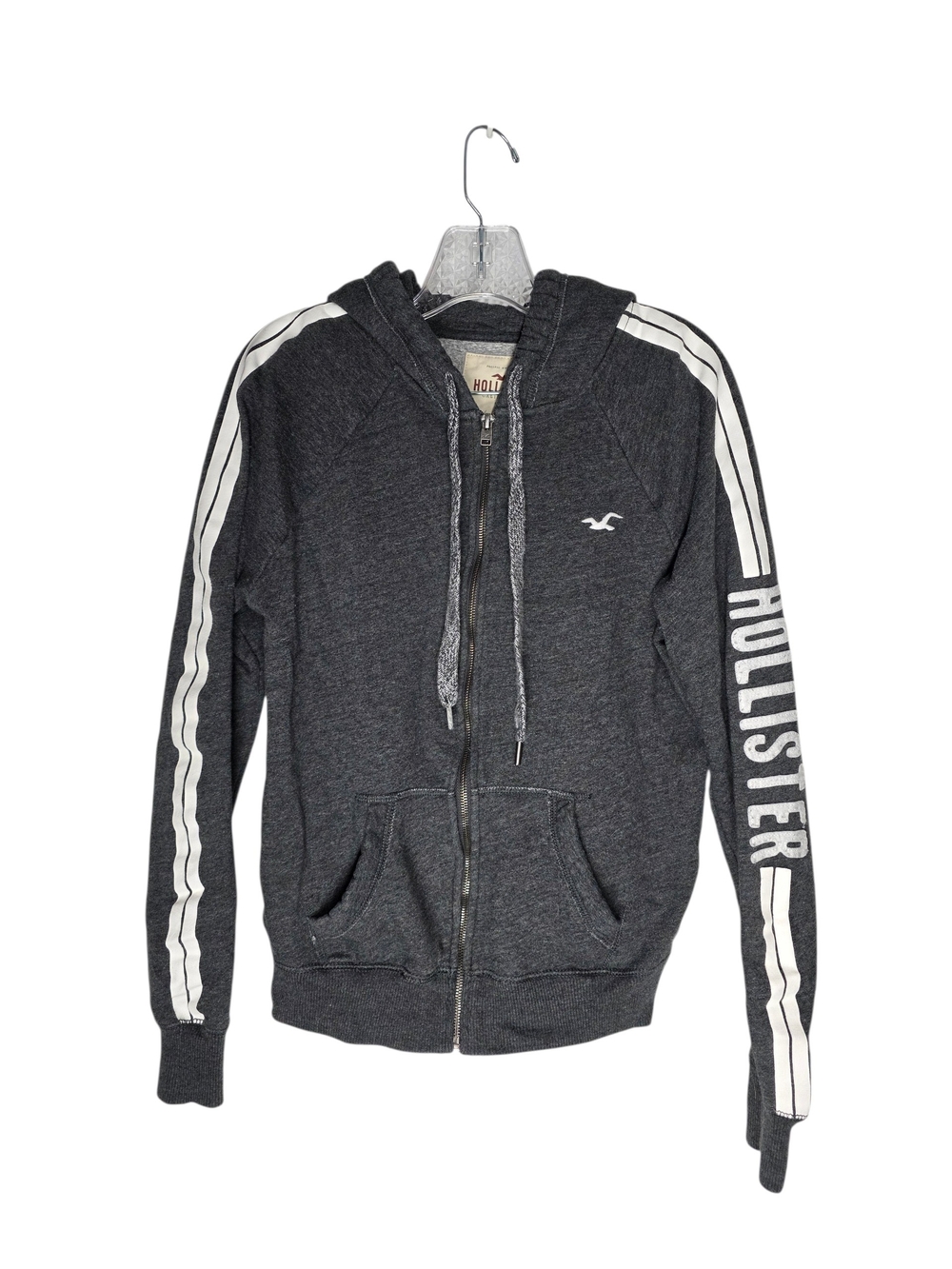 Hollister Women's Charcoal Zip Hoodie with Stripe Detail